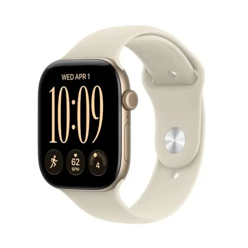 Smartwatch Apple Watch 12, GPS, 46mm, Ecran Retina LTPO OLED, Chip S11 cu Procesor Dual-Core, 64GB Flash, Wi-Fi, Bluetooth, Carcasa Aluminiu, Curea Sport Band S/M (Auriu)