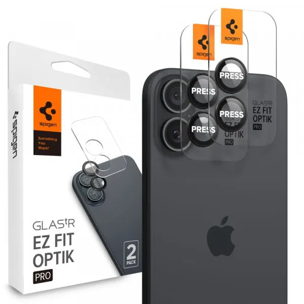 Spigen Folie de protectie Camera Spate Spigen GlastR EZ FIT Optik Pro pentru Apple iPhone 17 / 16 Plus / 16, Sticla Securizata, Set 2 bucati, Neagra AGL07921