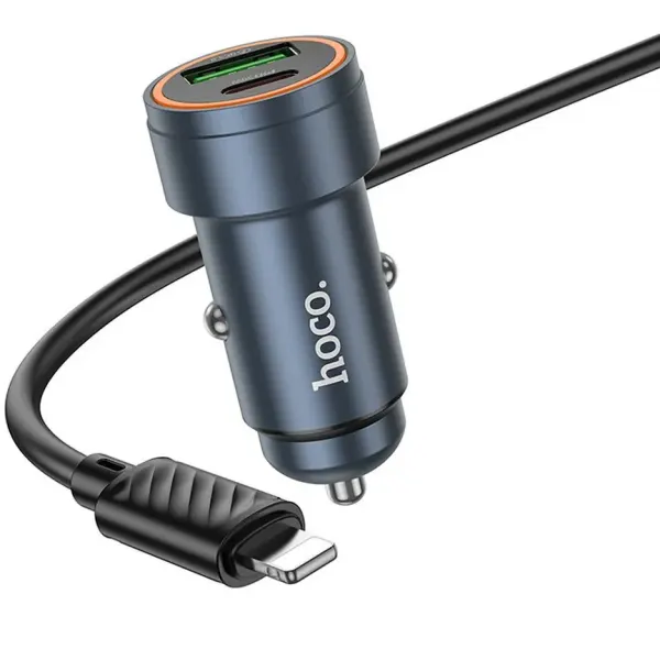 HOCO Incarcator Auto Cu Cablu Lightning HOCO Z57A, 30W, 3A, 1 x USB-A - 1 x USB-C, Gri