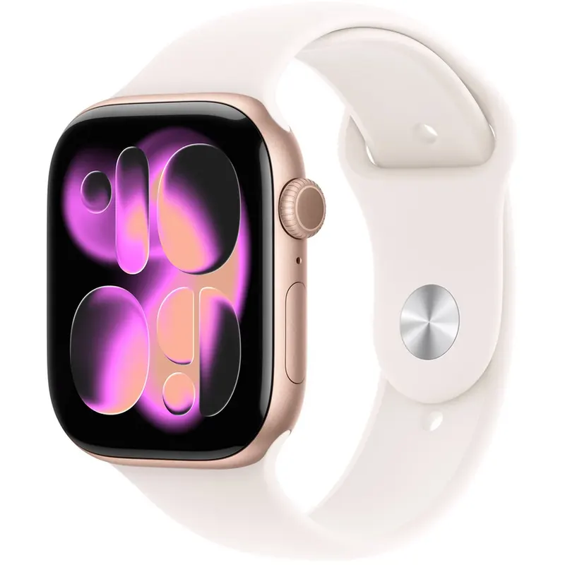 Apple Smartwatch Apple Watch 11, GPS + Cellular, 46mm, Ecran Retina LTPO OLED, Chip S10 cu Procesor Dual-Core, 64GB Flash, Wi-Fi, Bluetooth, Carcasa Aluminiu, Curea Sport Band S/M (Auriu)