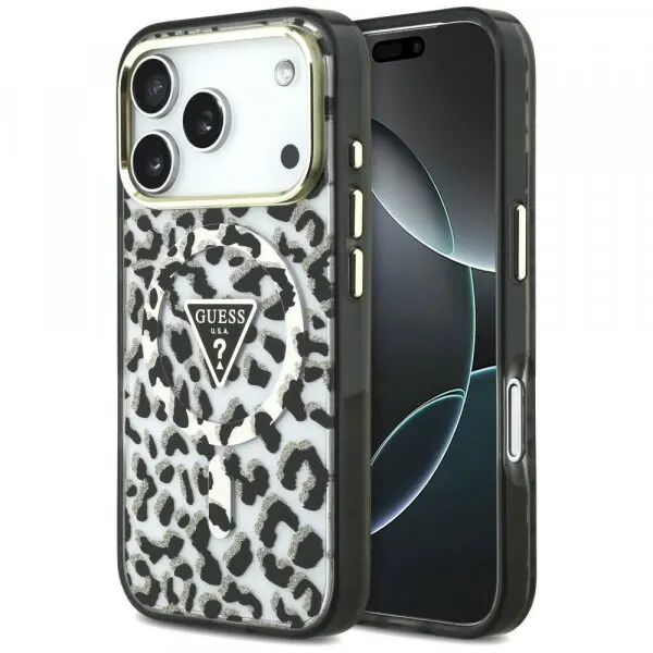 Guess Husa MagSafe pentru Apple iPhone 18 Pro Max / 17 Pro Max, Guess, Leopard Glitter Triangle Logo, Neagra