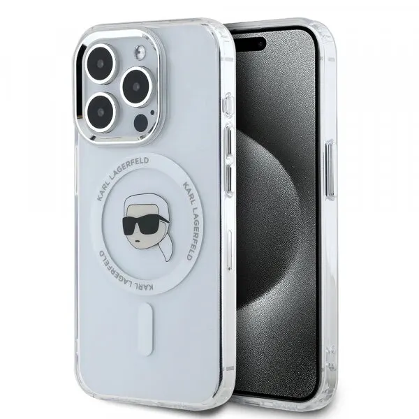 Karl Lagerfeld Husa MagSafe pentru Apple iPhone 16 Pro, Karl Lagerfeld, IML Metal Karl's Head, Alba