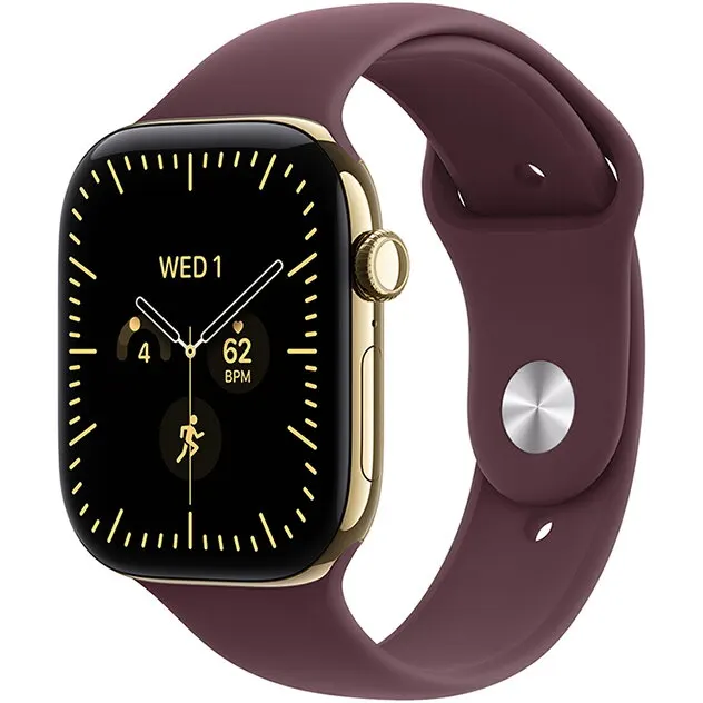 Apple Apple Watch Series 12 GPS + Cellular, 42 mm, carcasa din titan auriu radiant, bratara Burgundy Sport Band, marime S/M