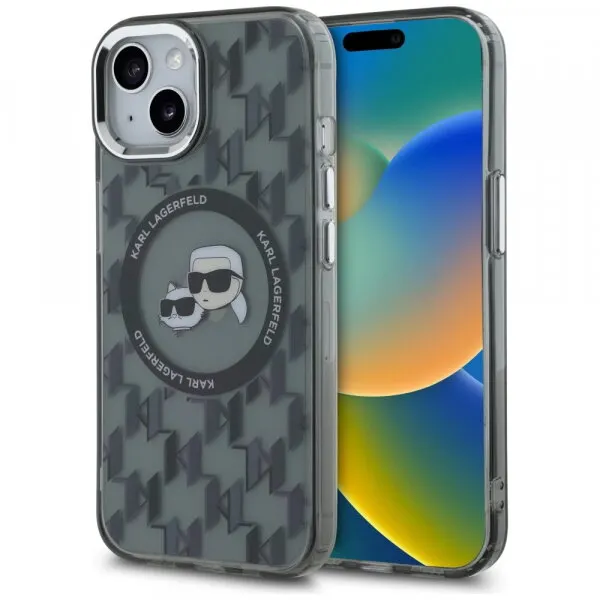 Karl Lagerfeld Husa MagSafe pentru Apple iPhone 15, Karl Lagerfeld, IML Monogram Karl & Choupette's Heads, Neagra