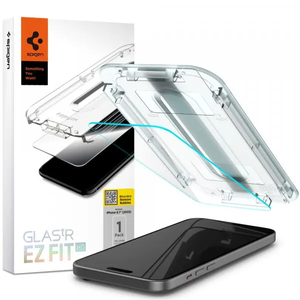 Spigen Folie de protectie Ecran Spigen GlastR EZ FIT HD pentru Apple iPhone 15, Sticla Securizata, Full Glue, 2.5D AGL06907