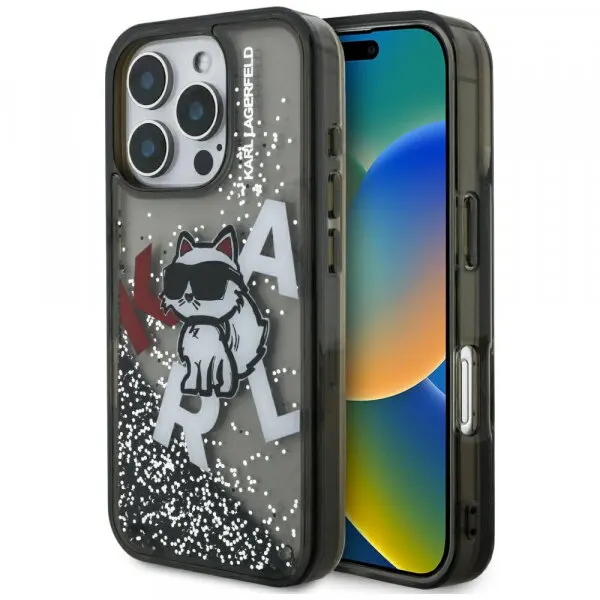 Karl Lagerfeld Husa MagSafe pentru Apple iPhone 16 Pro Max, Karl Lagerfeld, Liquid Glitter Choupette Logo, Neagra
