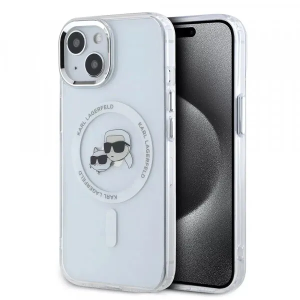 Karl Lagerfeld Husa MagSafe pentru Apple iPhone 15, Karl Lagerfeld, IML Metal Karl & Choupette's Heads, Alba