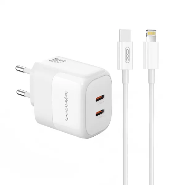 XO Design Incarcator Retea Cu Cablu Lightning XO Design L140, 35W, 3A, 2 x USB-C, Alb