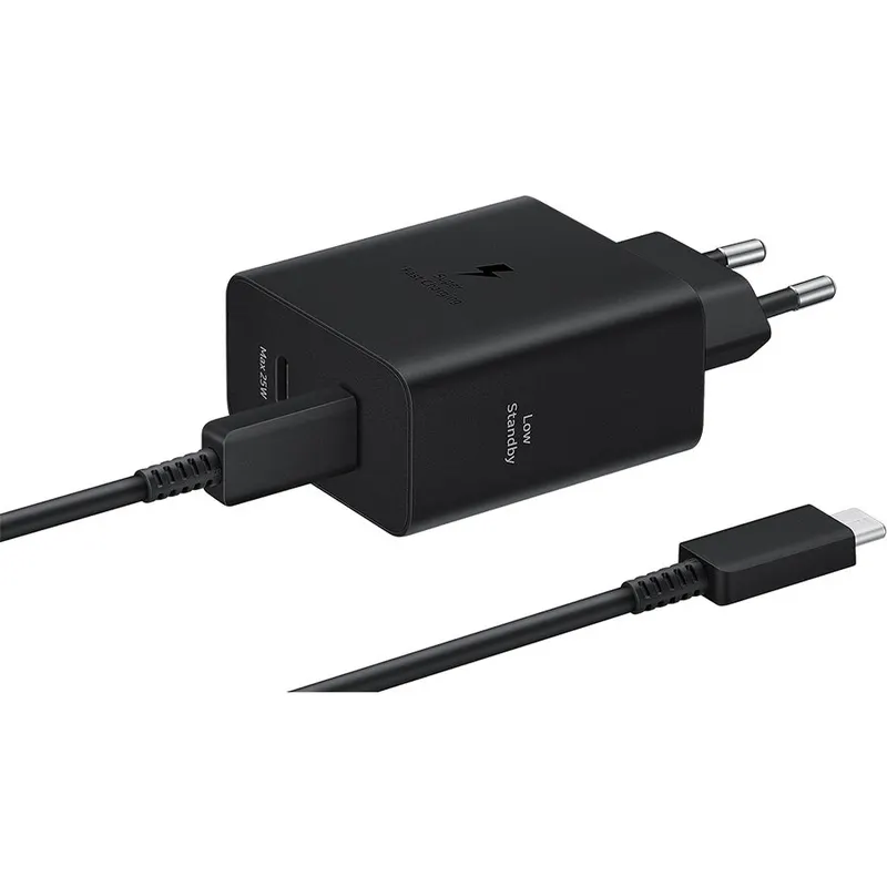 Samsung Incarcator retea Samsung EP-T5020XBEGEU, Super Fast Charger 50W, Adapter Duo USB Type-C, Low Standby, cablu Type-C (5A) inclus, Negru