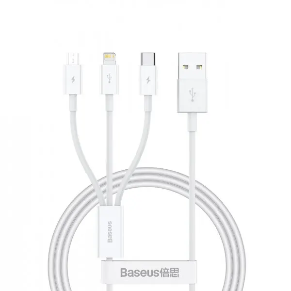 BASEUS Cablu Incarcare USB-A - Lightning / microUSB / USB-C Baseus Superior 3in1 Series, 20W, 0.5m, Alb
