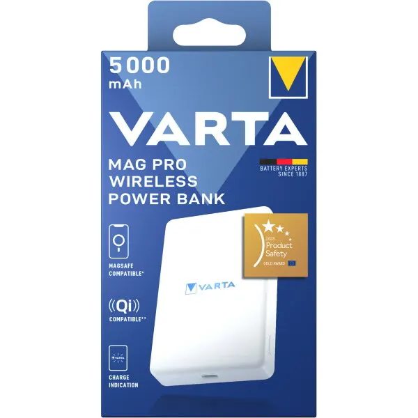 VARTA Baterie Externa Wireless Varta Mag Pro, 5000mAh, 12W, 1 x QI - 1 x USB-C, Alba