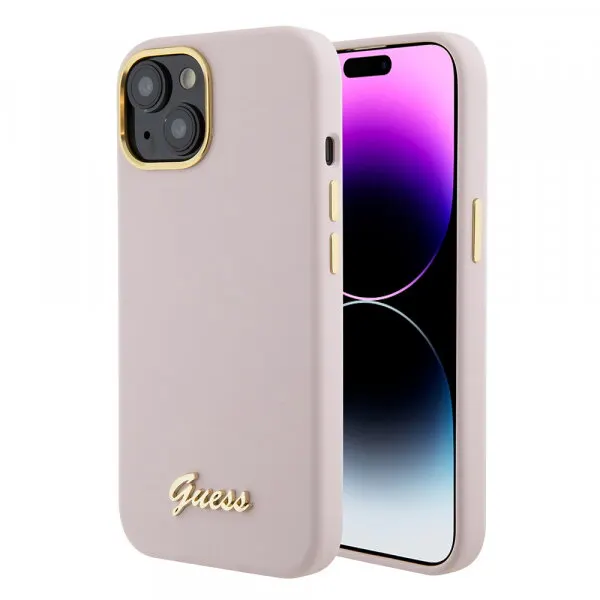 Guess Husa pentru Apple iPhone 15, Guess, Script Metal Logo & Frame, Roz Deschis