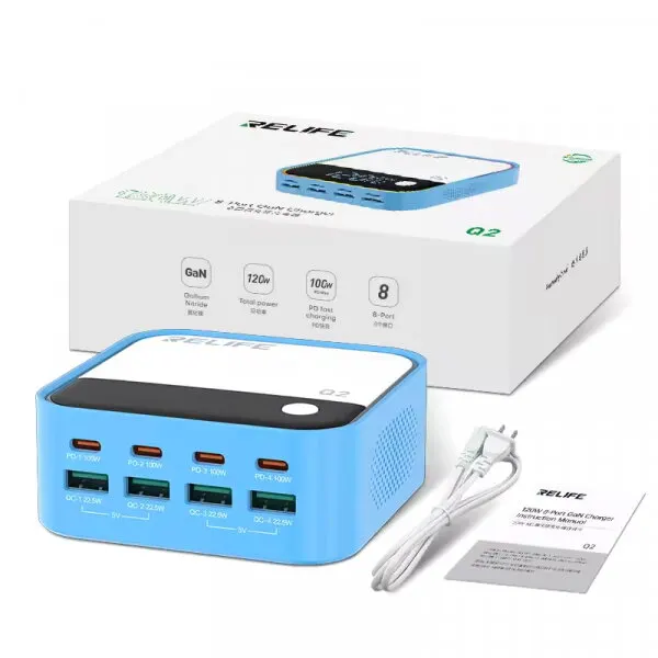 Relife Incarcator Statie Relife Q2, 120W, 5A, 4 x USB-A - 4 x USB-C, Albastru