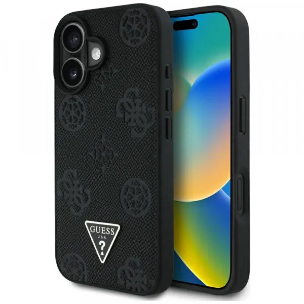 Guess Husa MagSafe pentru Apple iPhone 16, Guess, Peony Grained Hot Stamp Triangle, Neagra