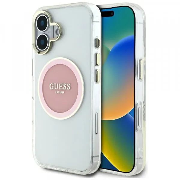 Guess Husa MagSafe pentru Apple iPhone 16, Guess, IML Metal Colored Circle, Roz