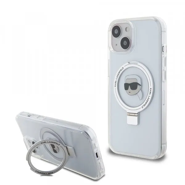 Karl Lagerfeld Husa MagSafe pentru Apple iPhone 15, Karl Lagerfeld, Ring Stand Karl's Head, Alba