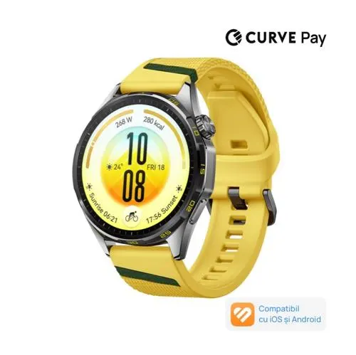 Smartwatch Huawei Watch GT 7, 46mm, Ecran AMOLED 1.47inch, Bluetooth, Tarnish Stainless Steel Case, Curea Fluoroelastomer, Monitorizare sanatate, Android/iOS, 5 ATM (Galben)