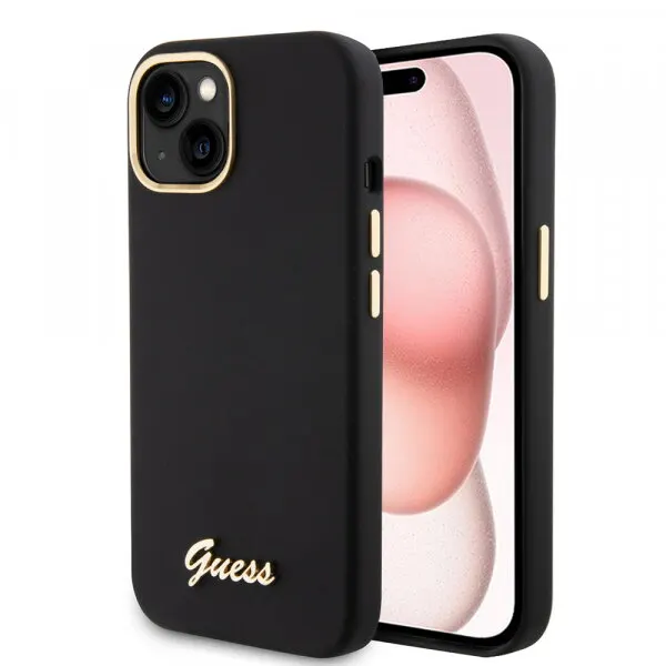 Guess Husa pentru Apple iPhone 15, Guess, Script Metal Logo & Frame, Neagra