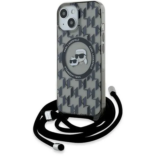 Karl Lagerfeld Husa MagSafe pentru Apple iPhone 15, Karl Lagerfeld, IML Crossbody Monogram Karl & Choupette's Heads, Neagra