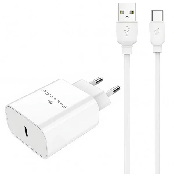 Prestico Incarcator Retea Cu Cablu USB-C Prestico F15S-C, 30W, 3A, 1 x USB-C, Alb