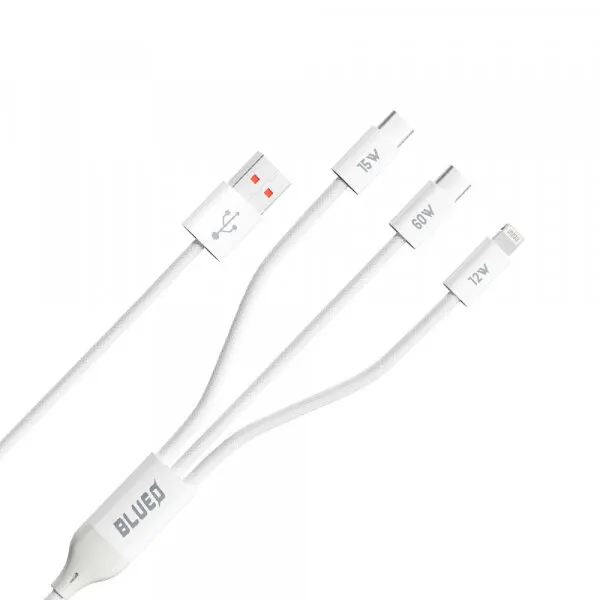 Blueo Cablu Incarcare USB-A - Lightning / 2 x USB-C Blueo, 75W, 1.2m, Alb
