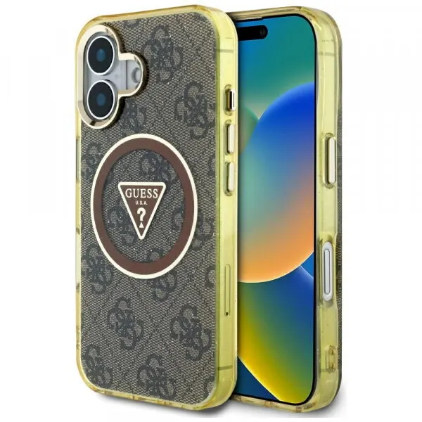 Guess Husa MagSafe pentru Apple iPhone 16, Guess, IML Glitter 4G Circle Triangle, Maro