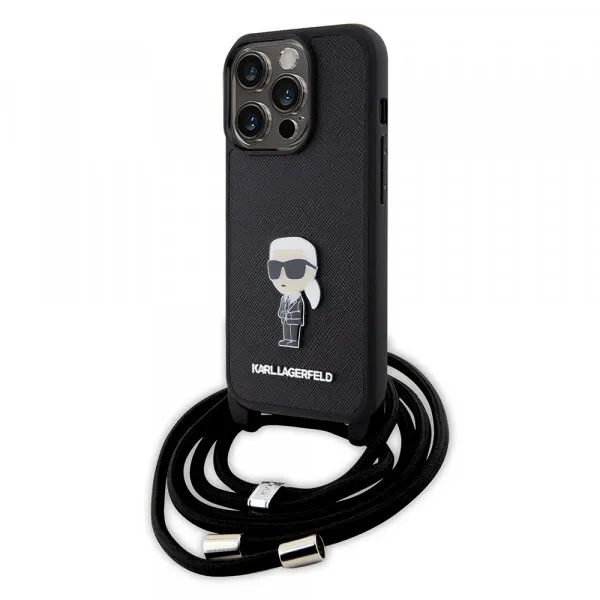 Karl Lagerfeld Husa pentru Apple iPhone 15 Pro, Karl Lagerfeld, Saffiano Crossbody Monogram Metal Pin Karl, Neagra