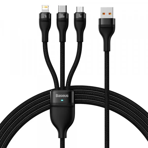 BASEUS Cablu Incarcare USB-A - Lightning / microUSB / USB-C Baseus Flash Series II 3in1, 66W, 1.2m, Negru CASS040001