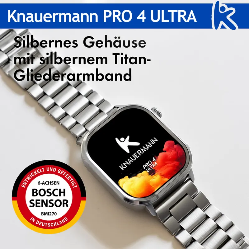 Knauermann Ceas smartwatch Knauermann PRO 4 ULTRA BT, AMOLED 1.95 inch, GPS, EKG, detectare caderi, bratara Titan, Argintiu