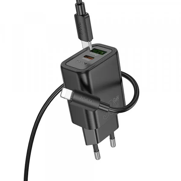 HOCO Incarcator Retea Cu Cablu Lightning HOCO N63, 30W, 3A, 1 x USB-A - 1 x USB-C, Negru