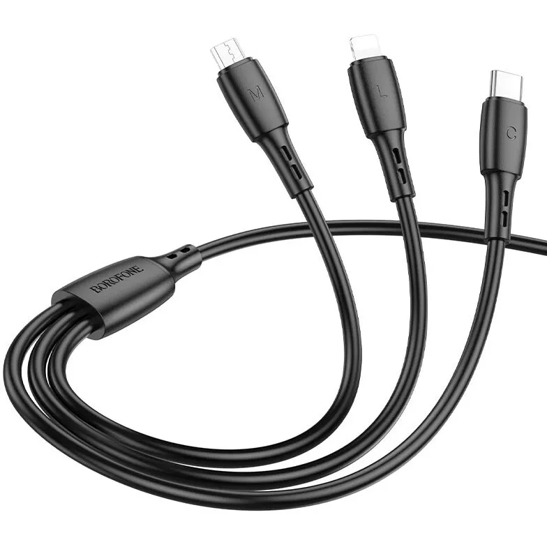 Borofone CABLU alimentare Borofone BX71, pt smartphone,USB la Micro-USB+Lightning + USB Type-C 2A, 1m, Negru