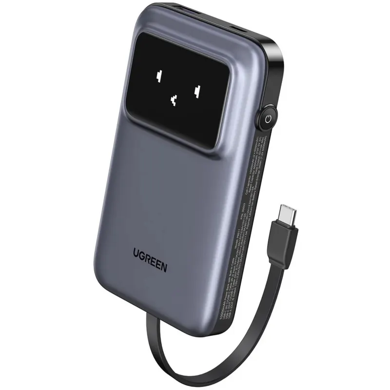 Ugreen Acumulator extern UGREEN 10000mAh Power Bank PB511, 30W, Incarcare bidirectionala, Cablu tip C incorporat, Gri