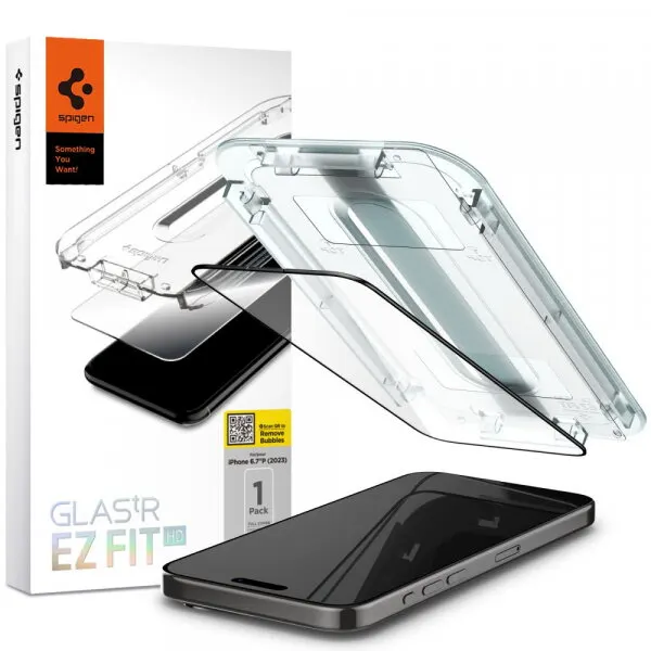 Spigen Folie de protectie Ecran Spigen GlastR EZ FIT HD pentru Apple iPhone 15 Pro Max, Sticla Securizata, Full Glue, Neagra AGL06879
