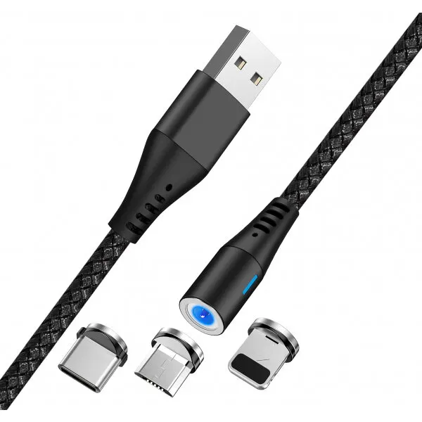MaXlife Cablu Incarcare USB-A - Lightning / microUSB / USB-C MaXlife MXUC-02 Magnetic 3in1, 18W, 1m, Negru