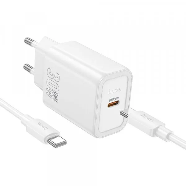HOCO Incarcator Retea Cu Cablu USB-C HOCO N62, 30W, 3A, 1 x USB-C, Alb