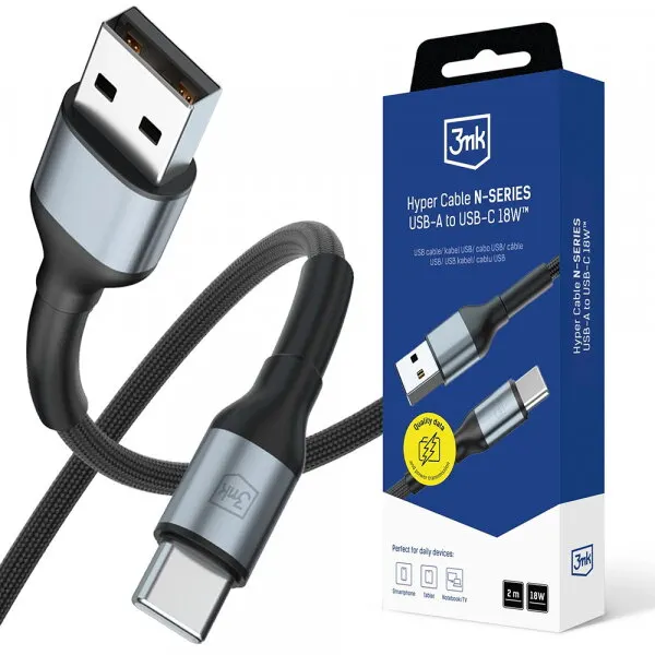3MK Cablu Date si Incarcare USB-A - USB-C 3MK Hyper N, 18W, 2m, Negru