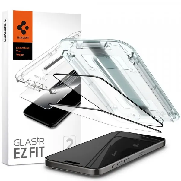 Spigen Folie de protectie Ecran Spigen GlastR EZ FIT pentru Apple iPhone 15 Pro, Sticla Securizata, Full Glue, Set 2 bucati, Neagra AGL06893
