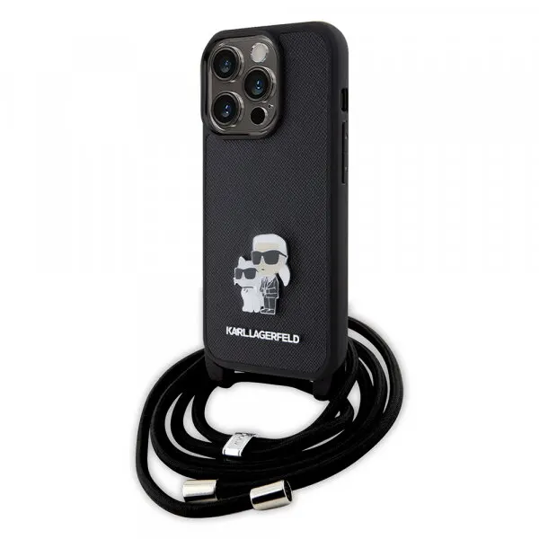 Karl Lagerfeld Husa pentru Apple iPhone 15 Pro, Karl Lagerfeld, Saffiano Crossbody Metal Pin Karl & Choupette, Neagra