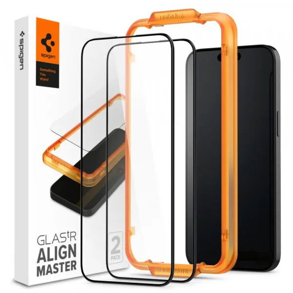 Spigen Folie de protectie Ecran Spigen GlastR Align Master pentru Apple iPhone 15 Pro, Sticla Securizata, Full Glue, Set 2 bucati, Neagra AGL06895