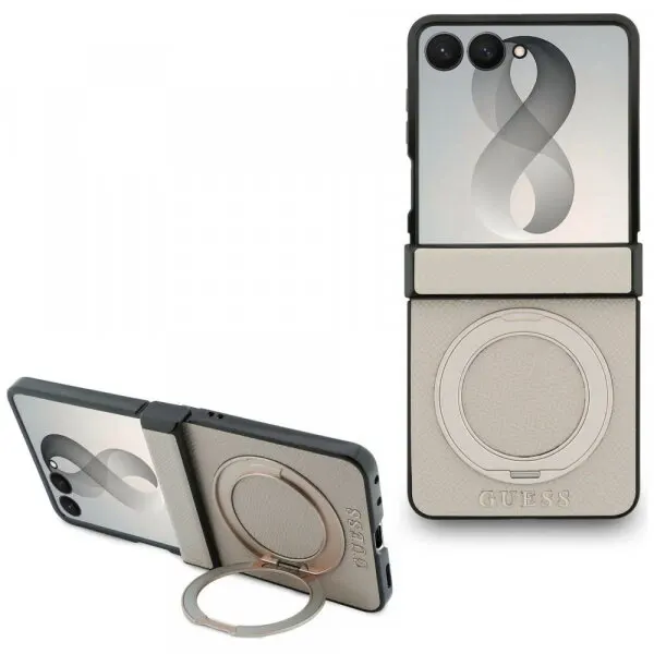 Guess Husa MagSafe pentru Samsung Galaxy Z Flip8 F776, Guess, Ring Stand Grained Classic Logo, Bej
