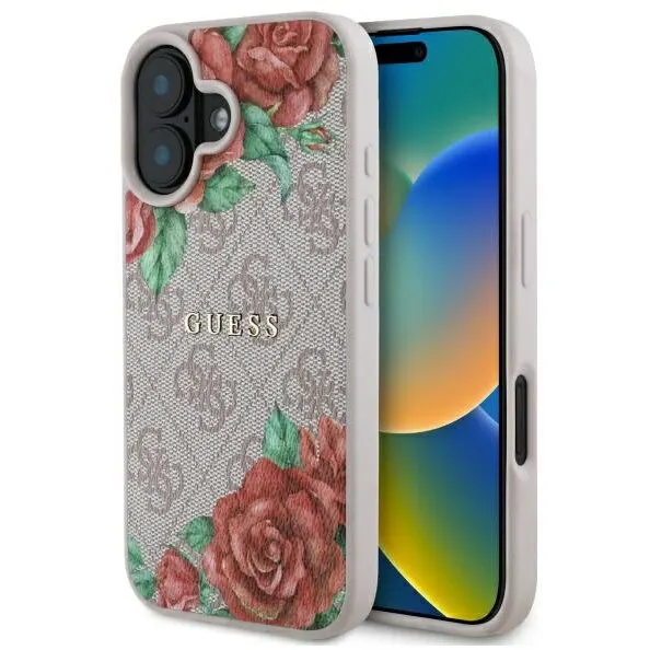 Guess Husa MagSafe pentru Apple iPhone 16, Guess, 4G Flowers Print, Roz
