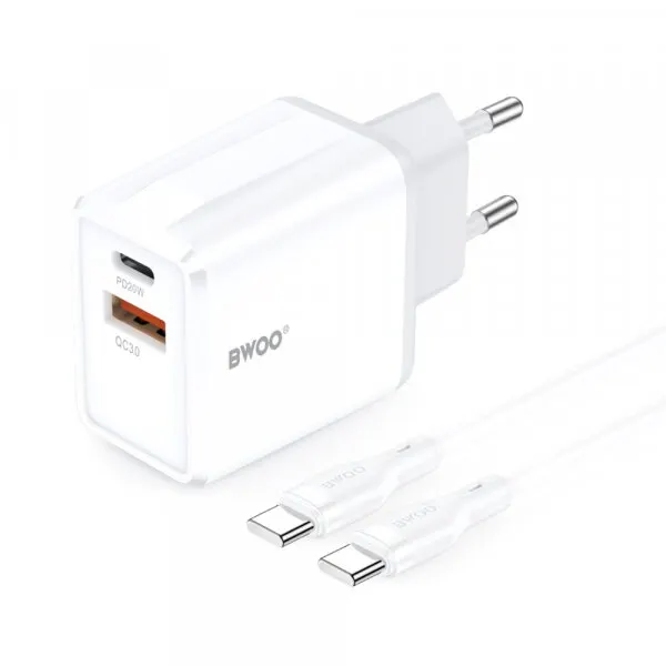 BWOO Incarcator Retea Cu Cablu USB-C BWOO CDA182, 38W, 3A, 1 x USB-A - 1 x USB-C, Alb