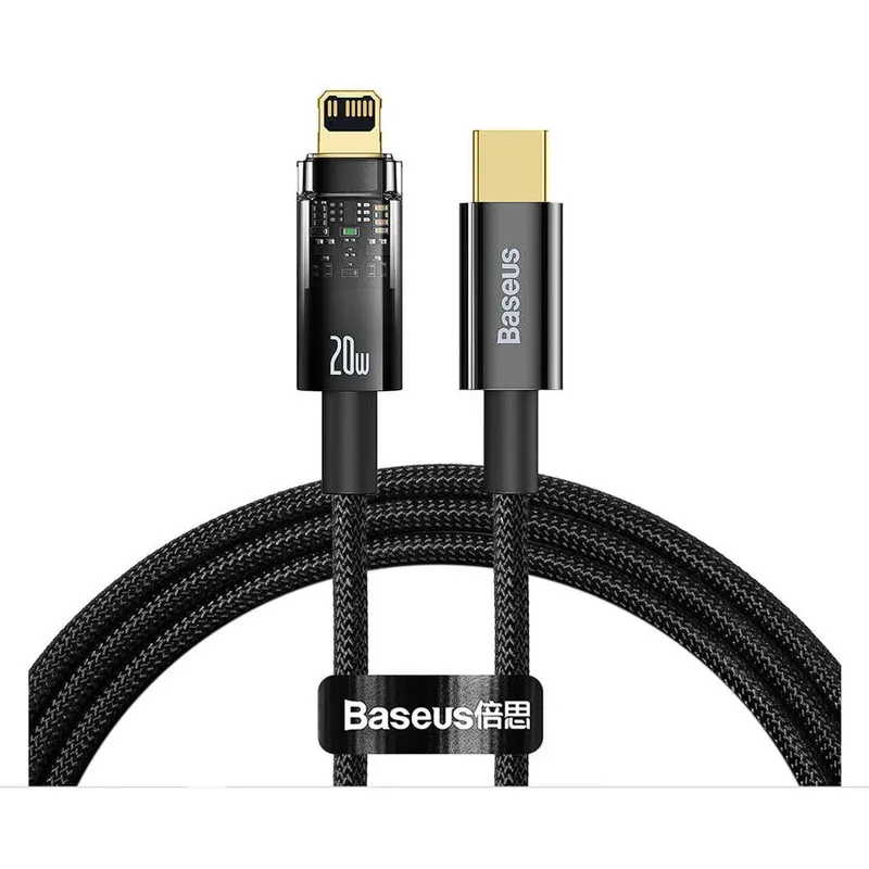 BASEUS CABLU alimentare si date Baseus Explorer, Fast Charging Data Cable pt. smartphone, USB Type-C la Lightning 20W, 2m,Auto Power-Off,negru transparent