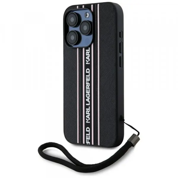 Karl Lagerfeld Husa pentru Apple iPhone 15 Pro, Karl Lagerfeld, Saffiano Athleisure Stripes with Strap, Roz