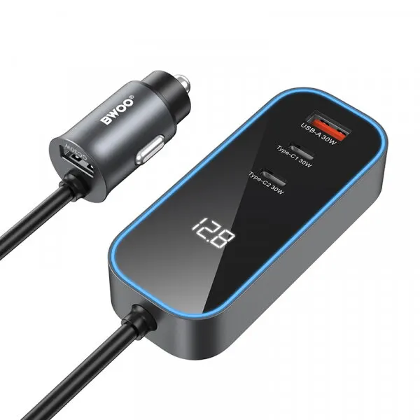BWOO Incarcator Auto BWOO CC107 Display, 120W, 3A, 2 x USB-A - 2 x USB-C, Negru