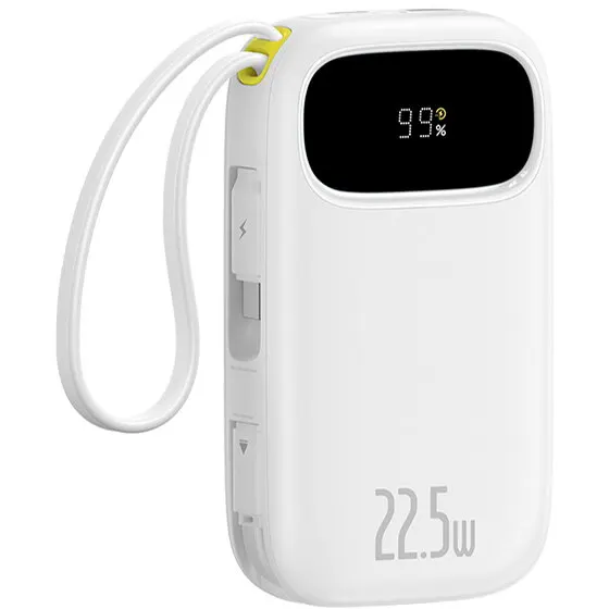 BASEUS Acumulator extern EnerFill FC31, Digital Display, 10.000 mAh, 22.5W, cu cablu USB-C si Lightning incorporat, Alb