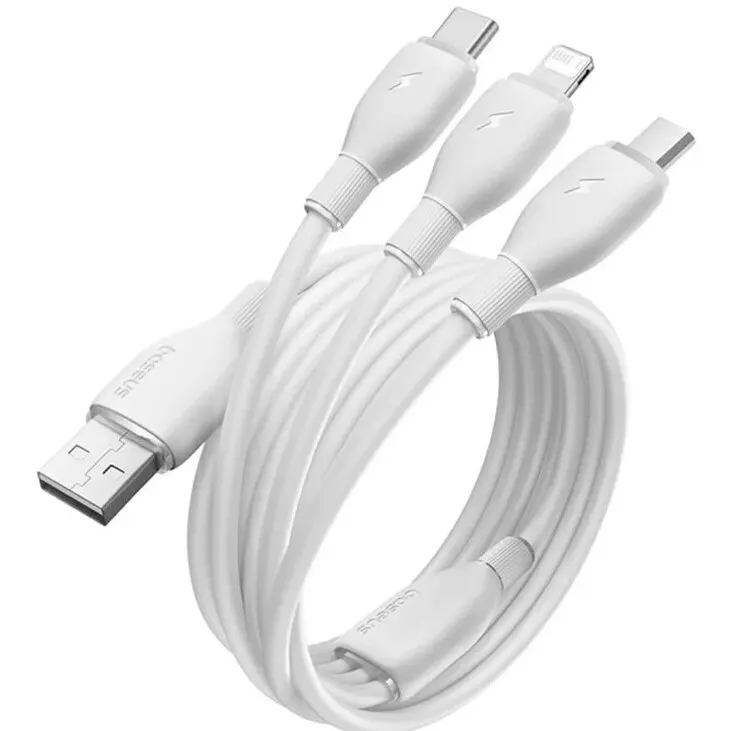 BASEUS CABLU alimentare si date Baseus Ultra-Fast One-for-three Retractable, pt smartphone,USB la Micro-USB+Lightning+USB Type-C 3.5A, 1.3m, Alb P10376303211-00
