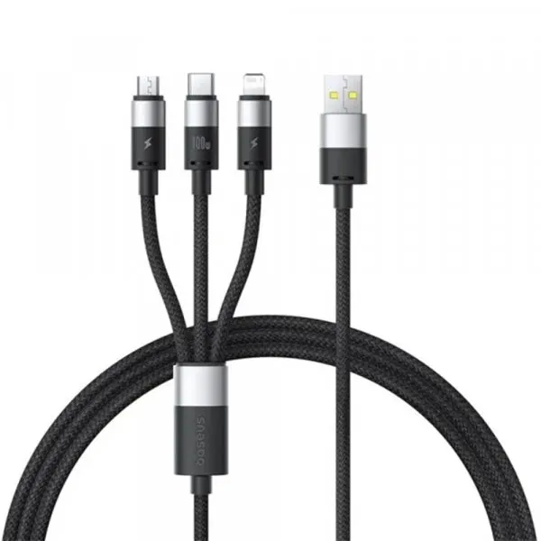 BASEUS Cablu Incarcare USB-A - Lightning / microUSB / USB-C Baseus StarSpeed 3in1, 100W, 1.5m, Negru P10319900111-01