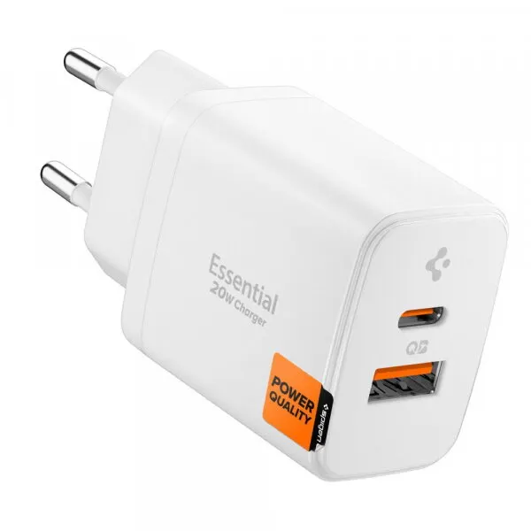 Spigen Incarcator Retea Spigen Essential, 20W, 3A, 1 x USB-A - 1 x USB-C, Alb ACH08704