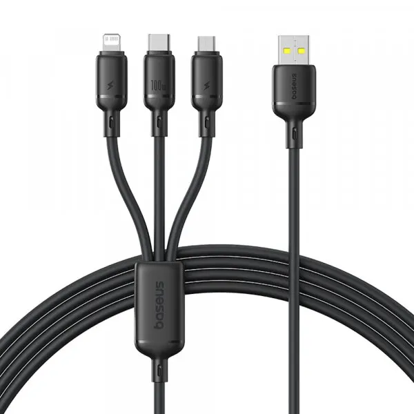 BASEUS Cablu Incarcare USB-A - Lightning / microUSB / USB-C Baseus Silky 3in1, 100W, 1.5m, Negru P10377705123-00